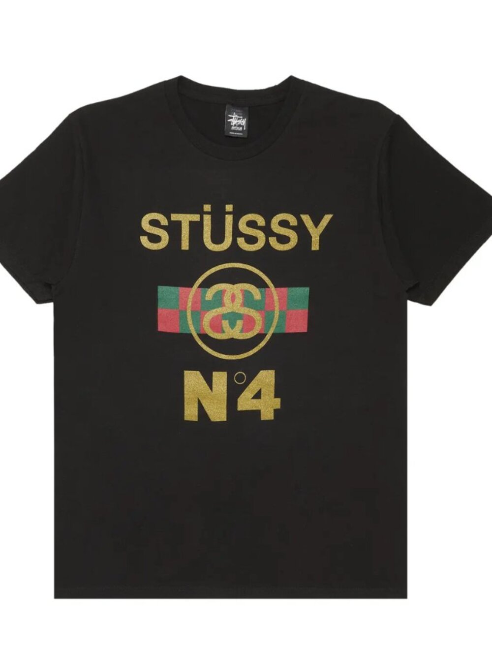 NWT Stussy No 4 Check Logo T-Shirt Black Gold Graphic Tee Mens Size S Rare N4